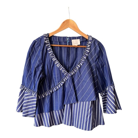 CINQ A SEPT 5a7 FRAN WIDE V-NECK MIXED-STRIPED POPLIN TOP IN BLUE Size M - Picture 1 of 12